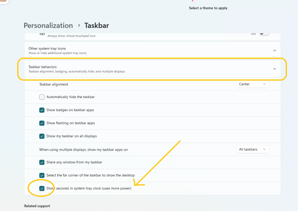 Tick chọn hiển thị giây trên Taskbar